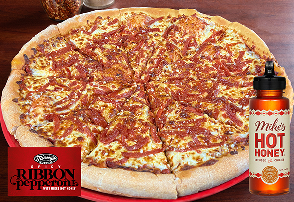 NEW Spicy Ribbon Pepperoni Pizza with Mike’s Hot Honey at Minsky’s!